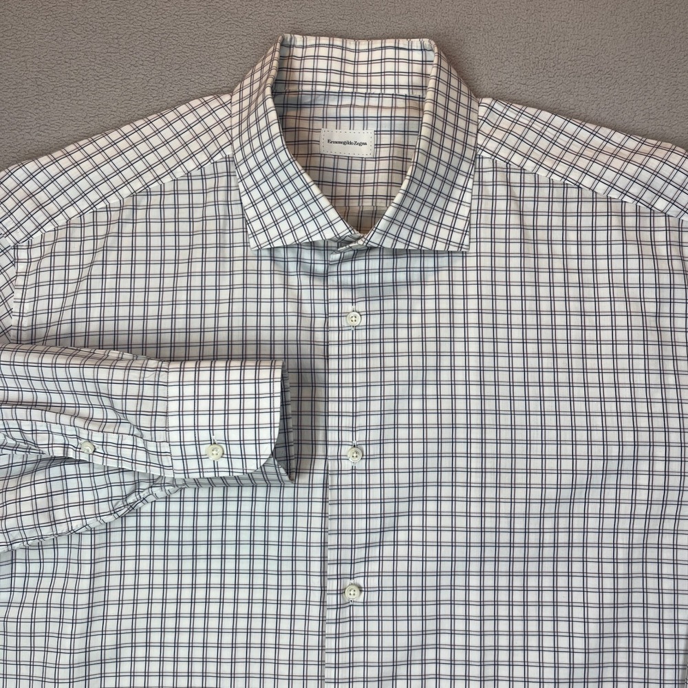 Ermenegildo Zegna Men Regular Fit Check Button Down Shirt White Blue Brown 26x32